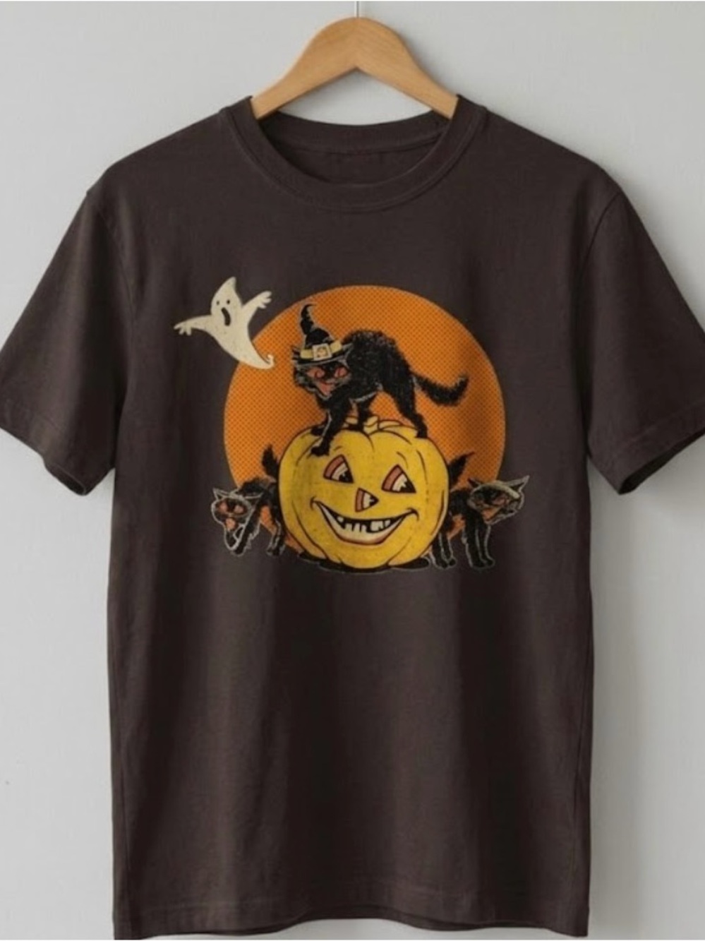 Halloween Pumpkin & Black Cats 90s Vintage Graphic Tee - Dark Chocolate Unisex